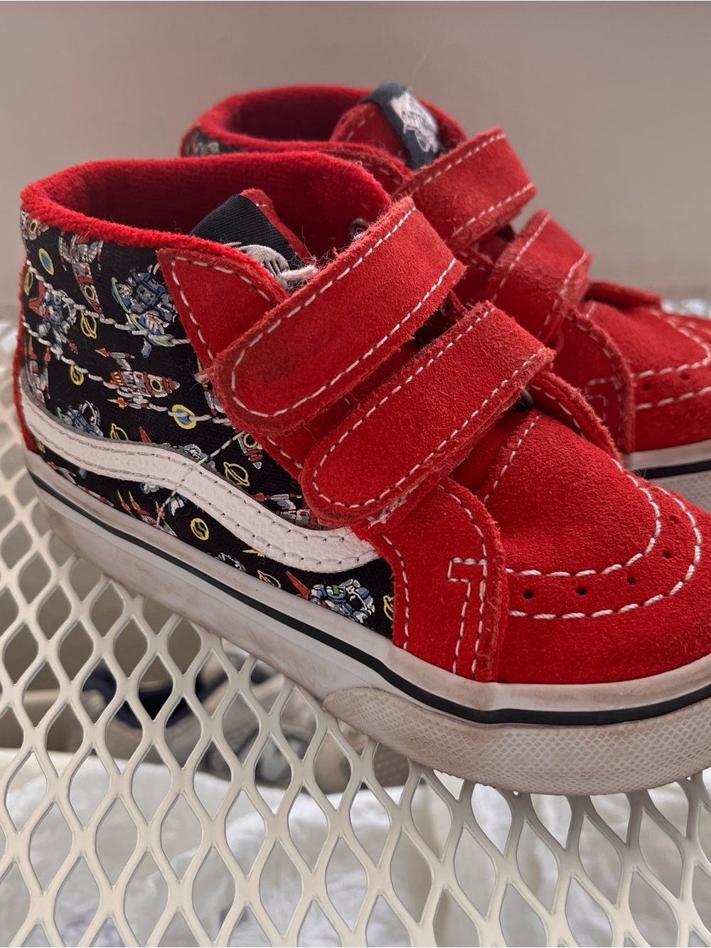 Kids Red High-Top Velcro Sneakers with Space Print
